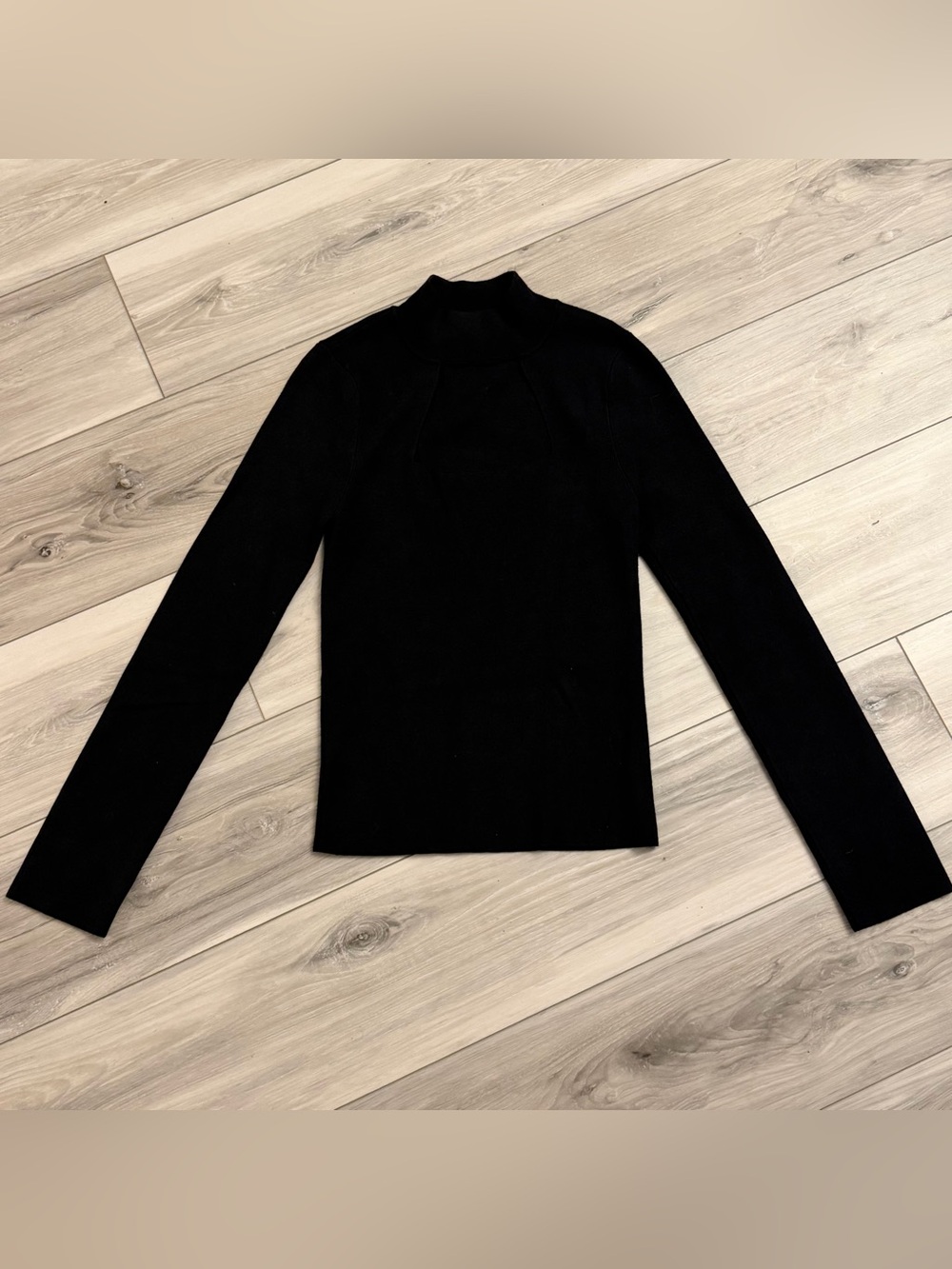 Cache Mock Neck Ribbed Knit Top Front Cutout Black Long Sleeve Size S